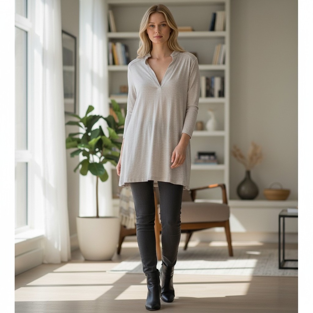 J. Jill Tunic Top Womens L Tall Ivory Solid V-Neck 3/4 Sleeve Pullover oversized